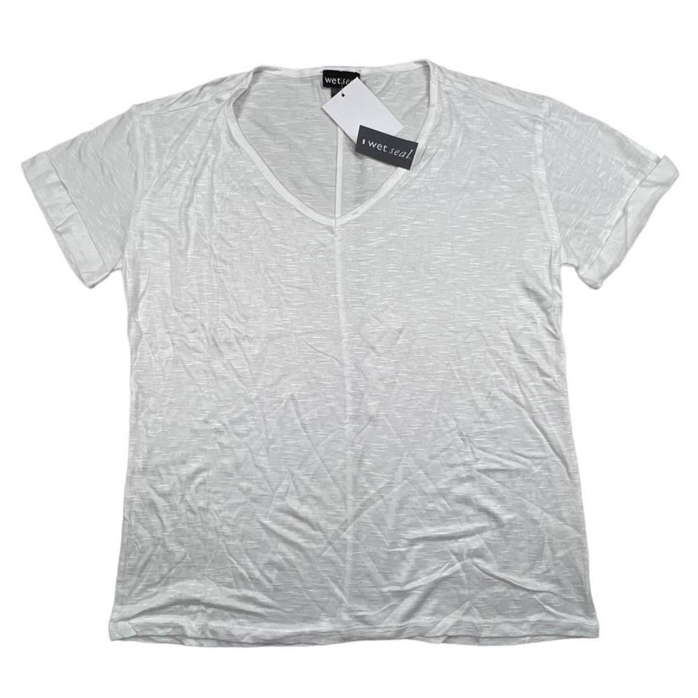 Wet Seal Women LARGE White V Neck Roll Tab Short Sleeve Lightweight Casual Top